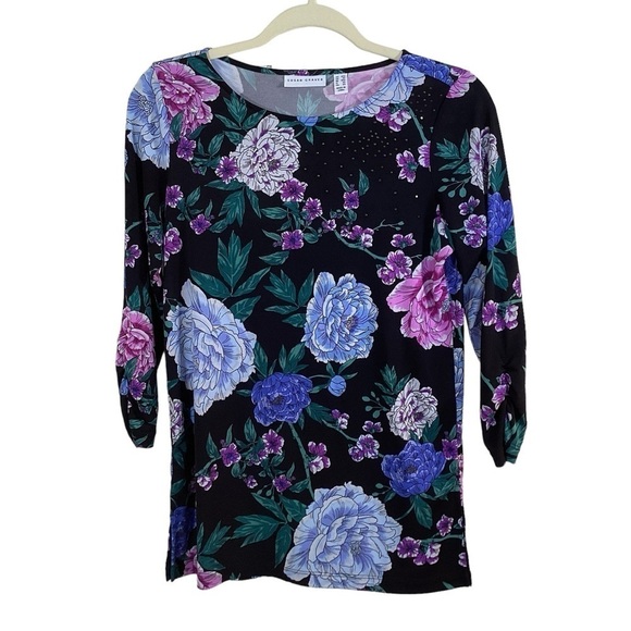 Susan Graver Tops - Susan Graver Women’s Floral 3/4 Sleeve Tunic Top With Beading.  Size XXS